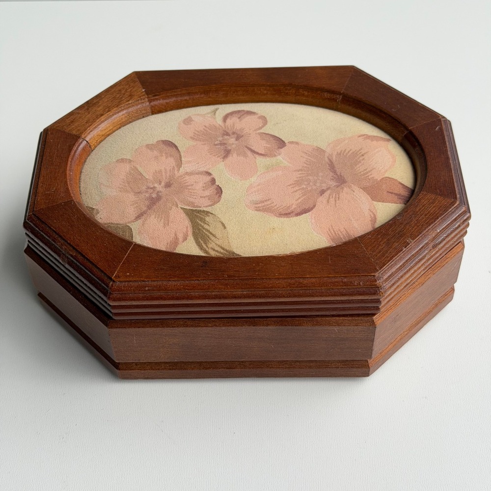 Vintage Powell Mirror Jewelry Box Floral Wood Octagon Mid Century Old World